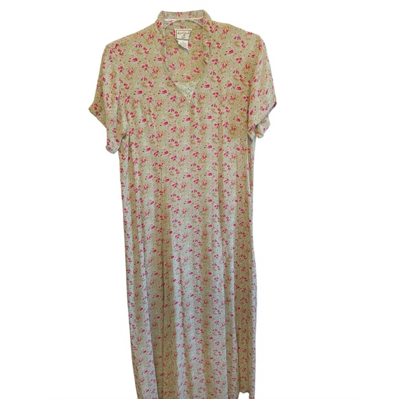 April Cornell Sz Small Green Floral Midi Dress S/Sleeve TieBack Cottage Core - Picture 1 of 7